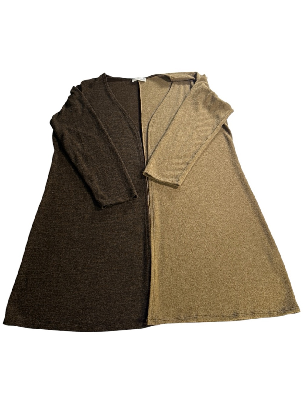 Kaileigh Two-Tone Open Front Cardigan Duster 2X Brown Tan Colorblock